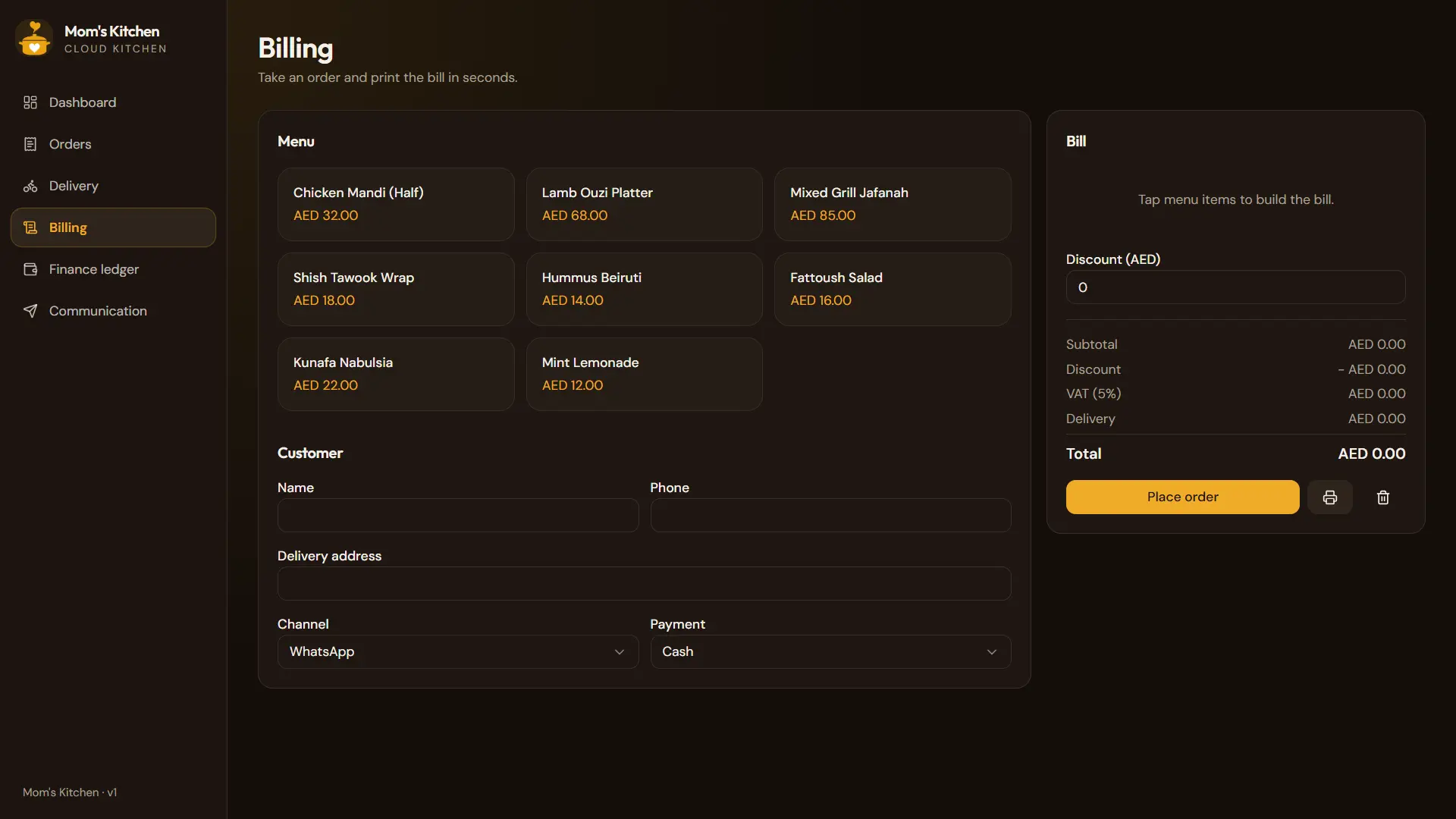 Mom's Kitchen Billing Interface